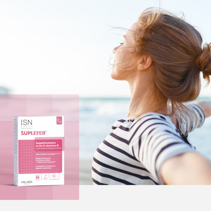 ISN - Suplefer - Aide à réduire la fatigue - Riche en Fer et Vitamines du groupe B - Fer microencapsulé plus biodisponible - Cure 30 jours