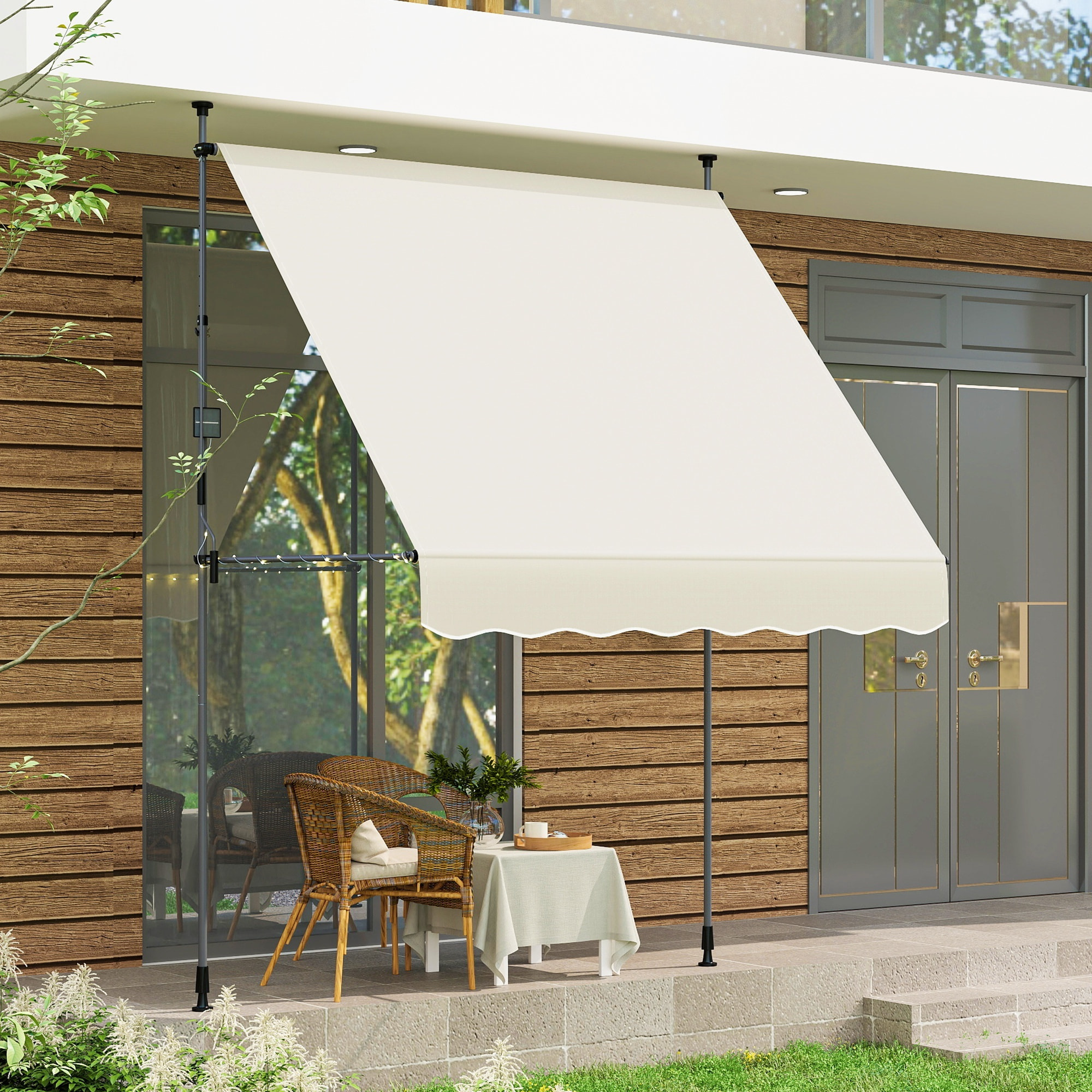 Toldo Manual Retráctil 2x1,2 m Toldo Exterior Terraza Enrollable Altura Ajustable con Manivela 210-310 cm Protección UV30+ Sin Taladro para Jardín Balcón Patio Crema
