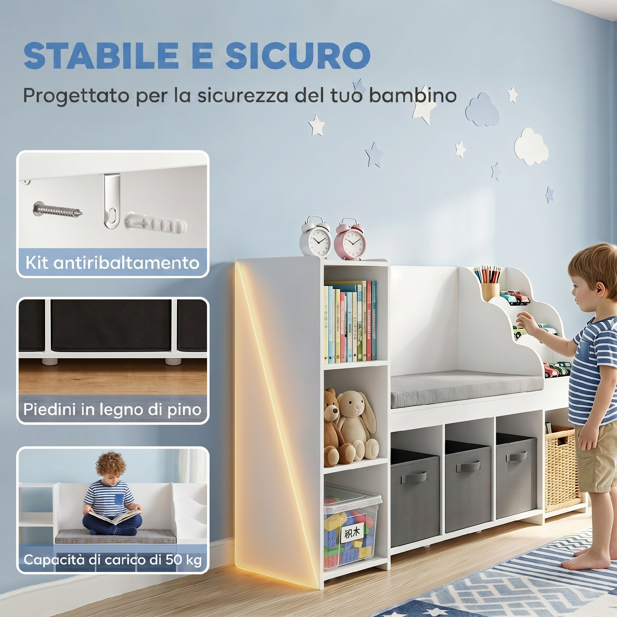 Estantería Infantil Juguetes con Rincón de Lectura, Organizador de Juguetes con Cojín, 3 Cajones de Tela, 3 Estantes, 4 Cubículos, 3-8 Años, Dormitorio, Guardería, 137x40x80 cm, Blanco y Gris