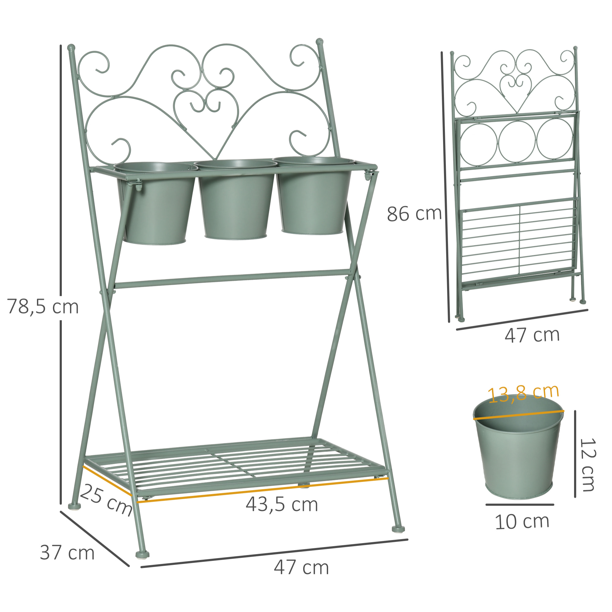 Soporte Metal para Plantas Flores Plegable con 3 Macetas y Estante 47x37x78,5 cm