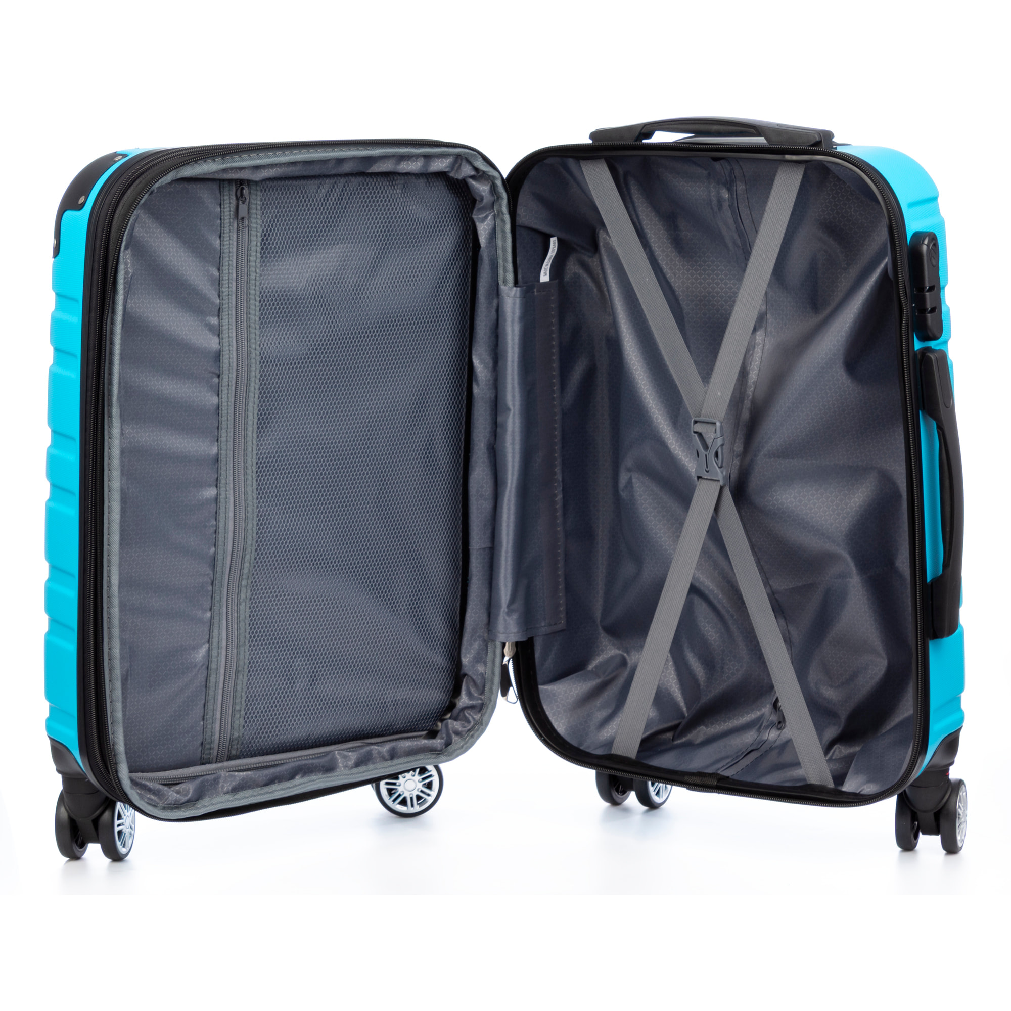 Set di 3 valigie Trolley espandibili, in materiale leggero ABS ad alta resistenza. Chiusura numerica, 4 ruote doppie girevoli a 360°.