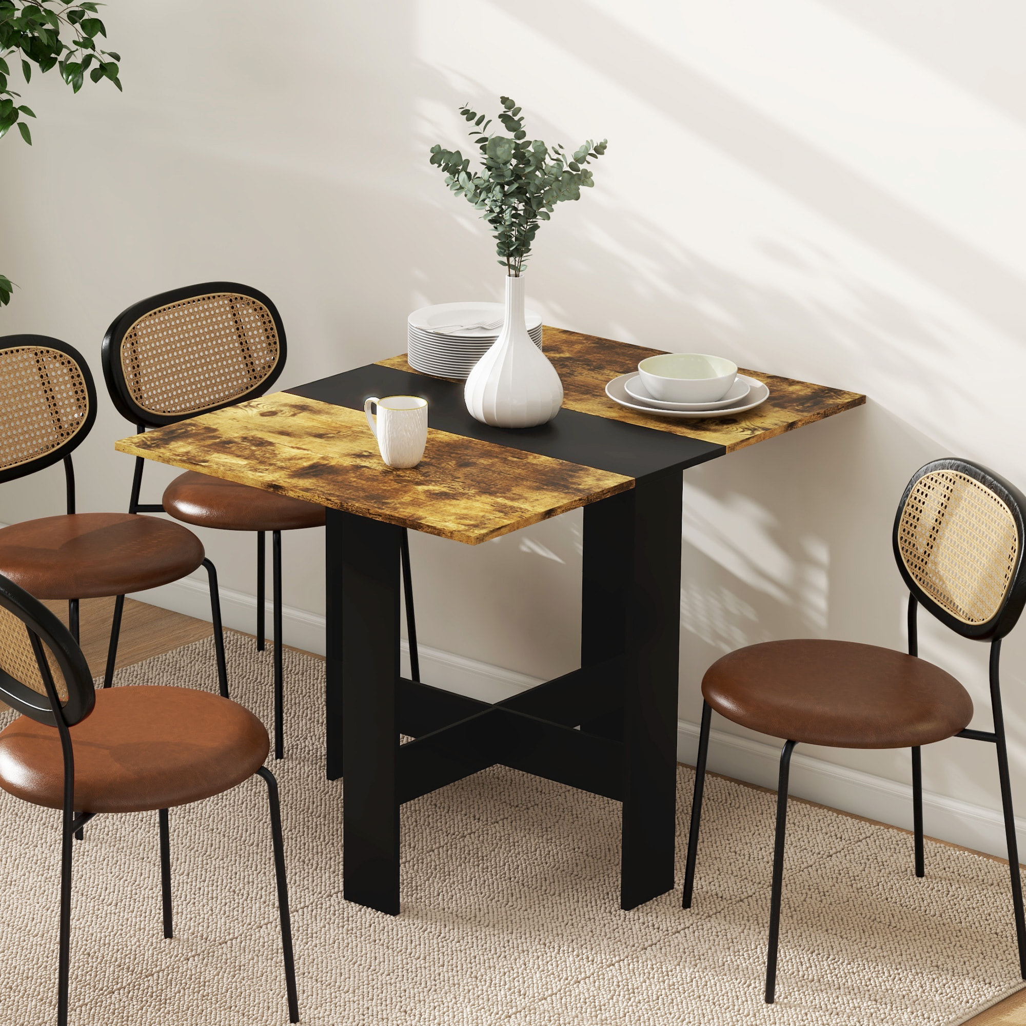 Mesa Plegable de Comedor, Mesa de Cocina Plegable, con Alas Abatibles, para Salón, Espacio Pequeño, 103x76x73,5 cm, Negro y Marrón Rústico