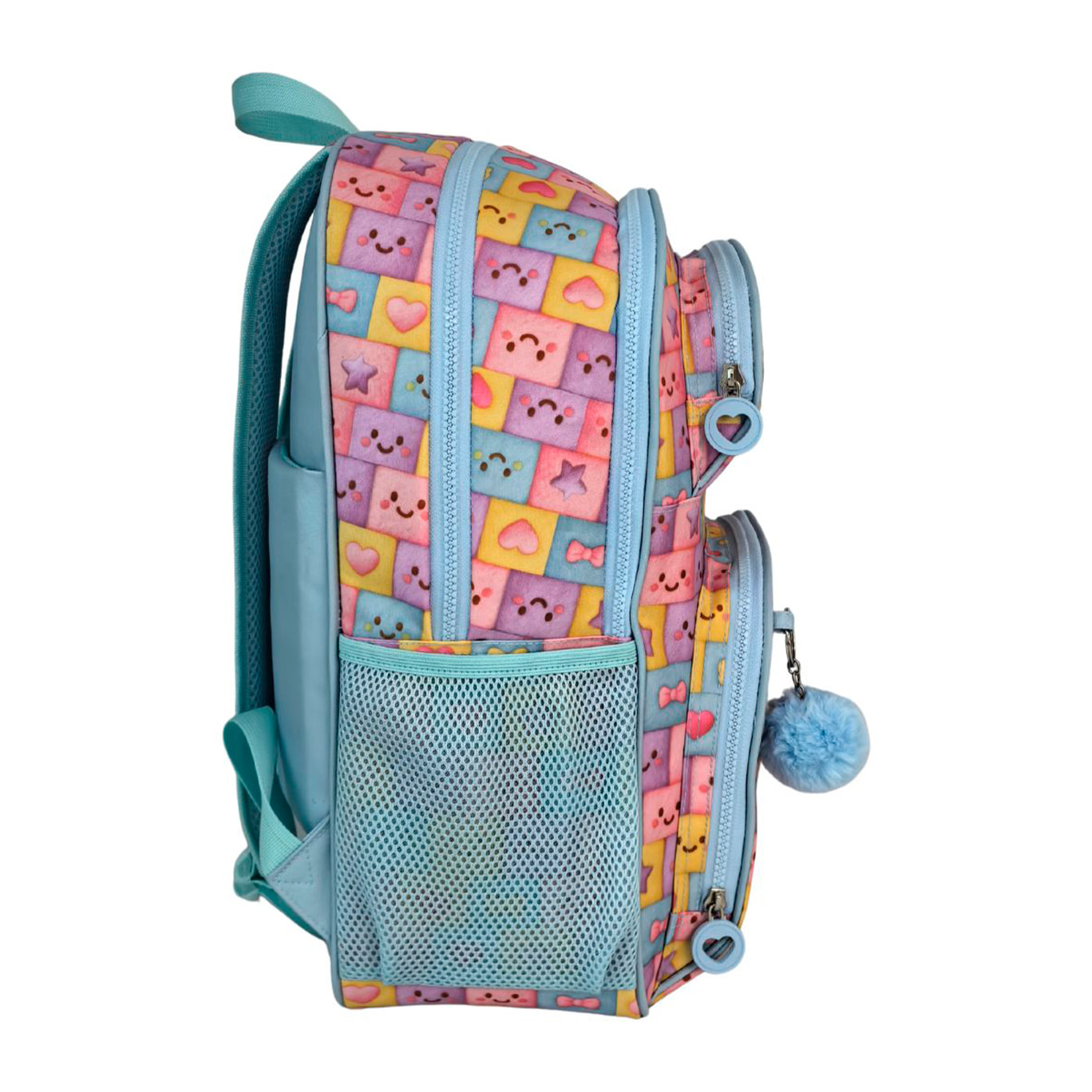 Zaino Primaria Blin Blin Faces a doppio scomparto, di grande capacità e adattabile al carrello. Con accessorio pom pom.