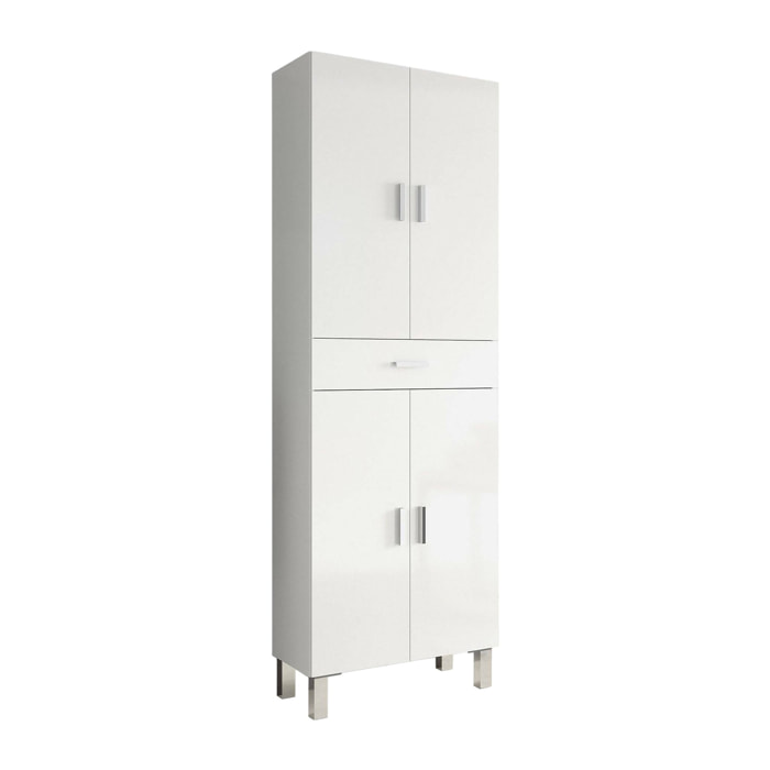 Armadio multiuso Oxnard, Mobile per bagno o lavanderia a 4 ante e 1 cassetto, Armadio multiuso portascarpe, cm 60x29h182, Bianco lucido