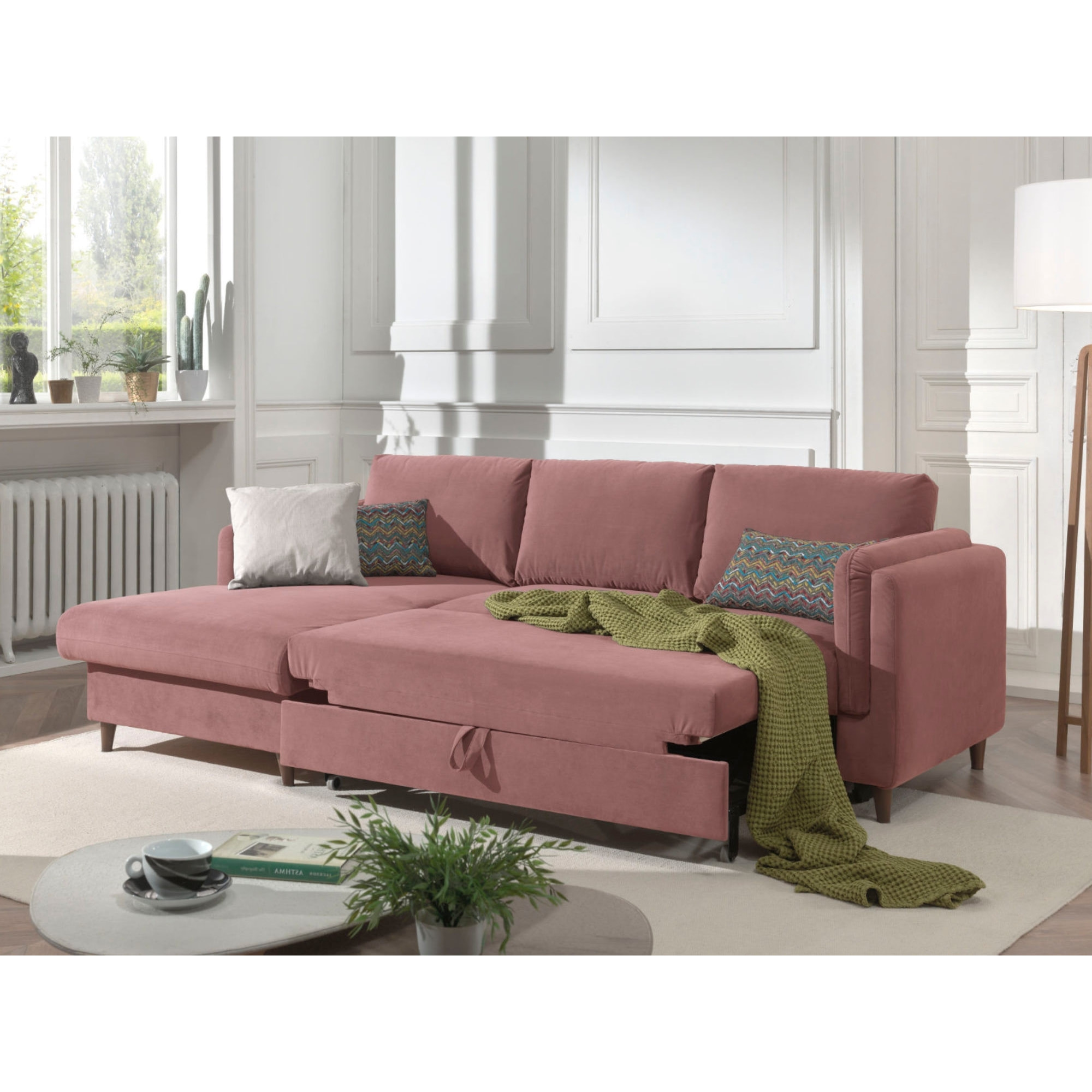 Brooke - canapé d'angle gauche - convertible avec coffre - 4 places - en velours - Rose