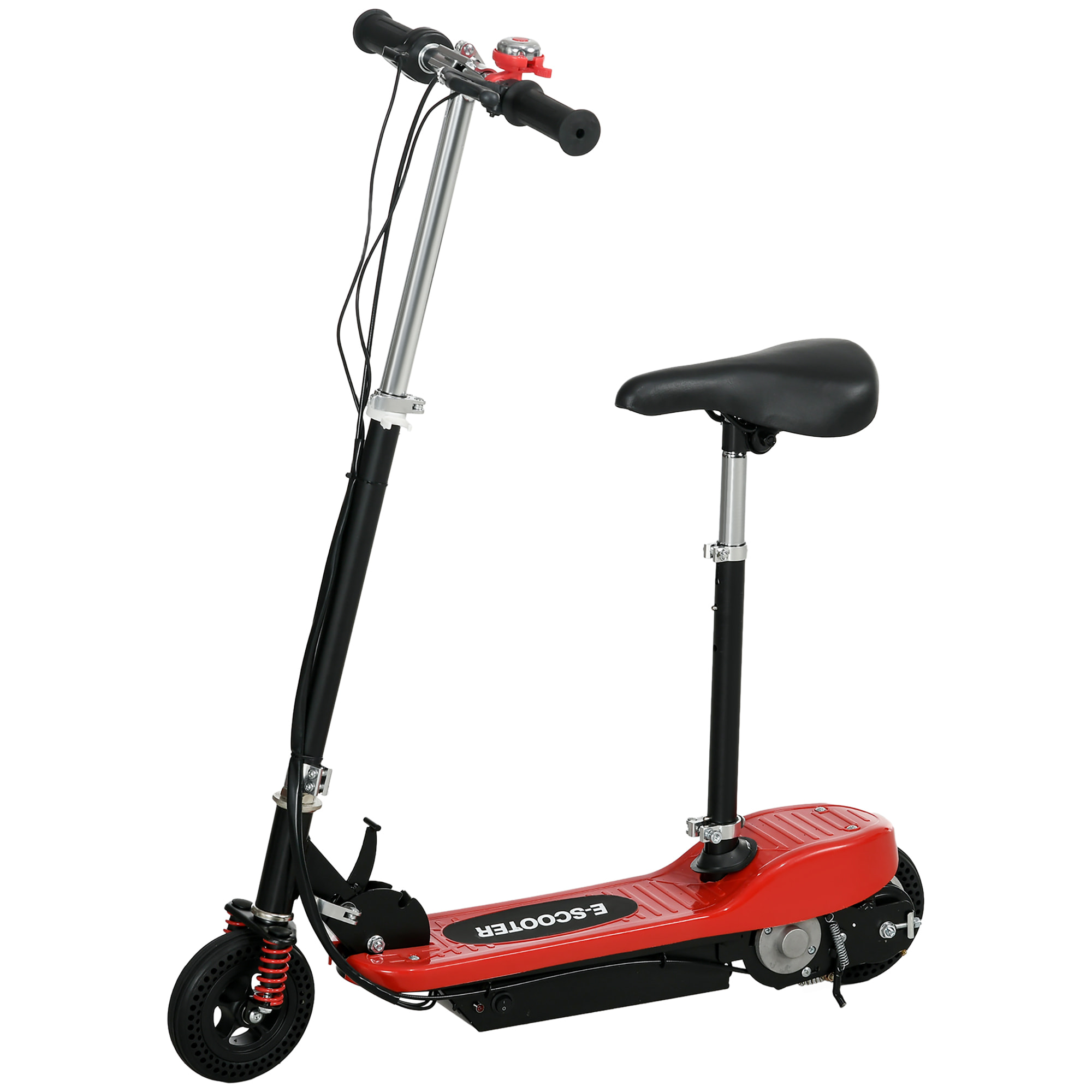 Trottinette électrique pliable enfant 120 W guidon selle réglable 15 Km/h max. suspension AV sonnette rouge noir