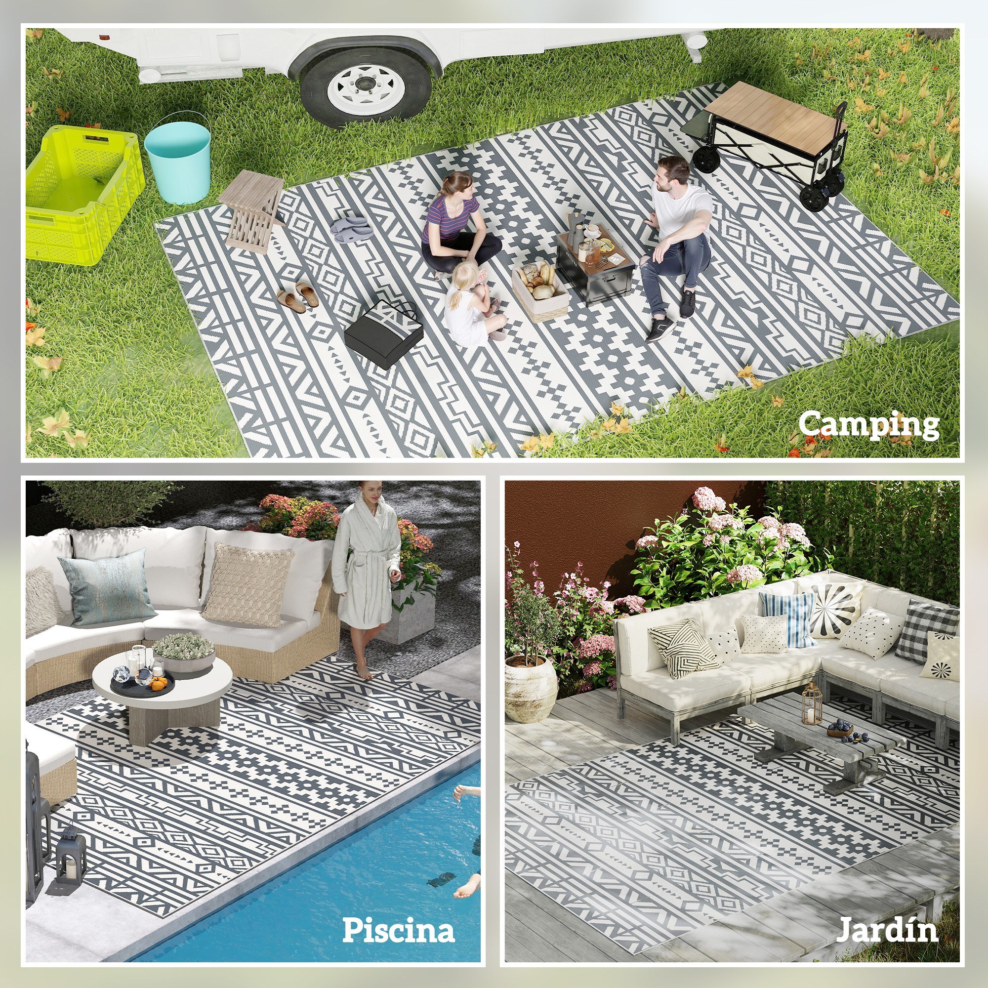 Alfombra de Exterior 182x274 cm Alfombra Reversible con Patrón de Geométrico de Cenefa Impermeable Bolsa de Transporte para Terraza Balcón Patio Camping Playa Gris Oscuro
