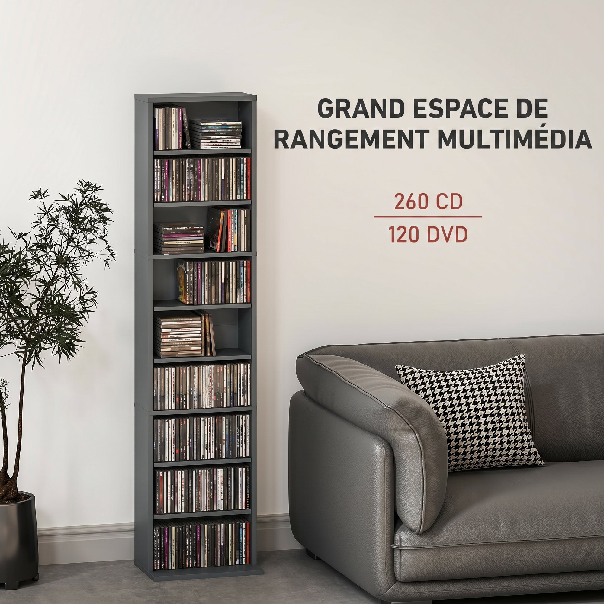 Étagère pour CD et DVD - 9 compartiments, 6 étagères réglables - 33x24x140cm - gris