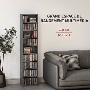 Étagère pour CD et DVD - 9 compartiments, 6 étagères réglables - 33x24x140cm - gris