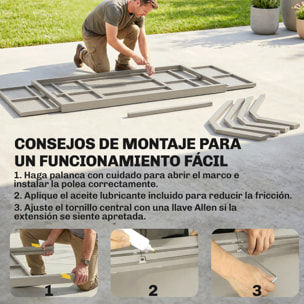 Mesa de Jardín Extensible con Superficie de Aluminio, 154/214x85 cm, Mesa de Comedor Exterior Extensible Rectangular con Imitación Madera para 8-10 Personas, para Patio, Terraza, Gris Claro