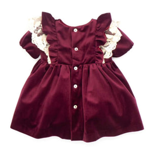 Vestido con manga farol y puntilla en hombros de terciopelo granate