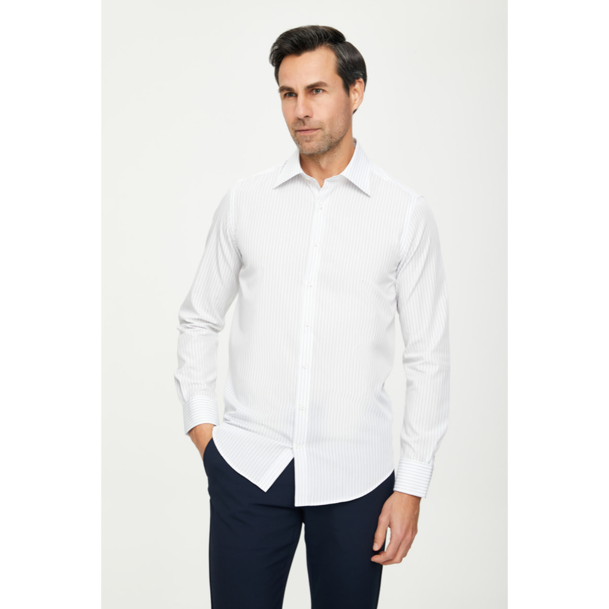 Camicia Uomo 1 Bottone Italiano Slim Cotone Riga Media Grigio/Bianco