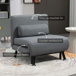 Fauteuil convertible 3 en 1 chauffeuse lit avec coussin gris