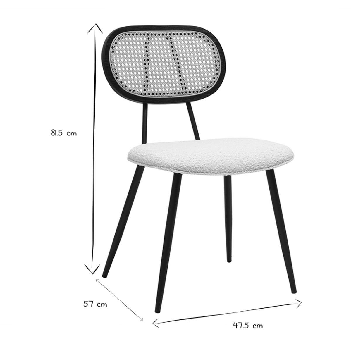 Chaises design en tissu effet laine bouclée blanc, métal noir et cannage rotin (lot de 2) SWANN