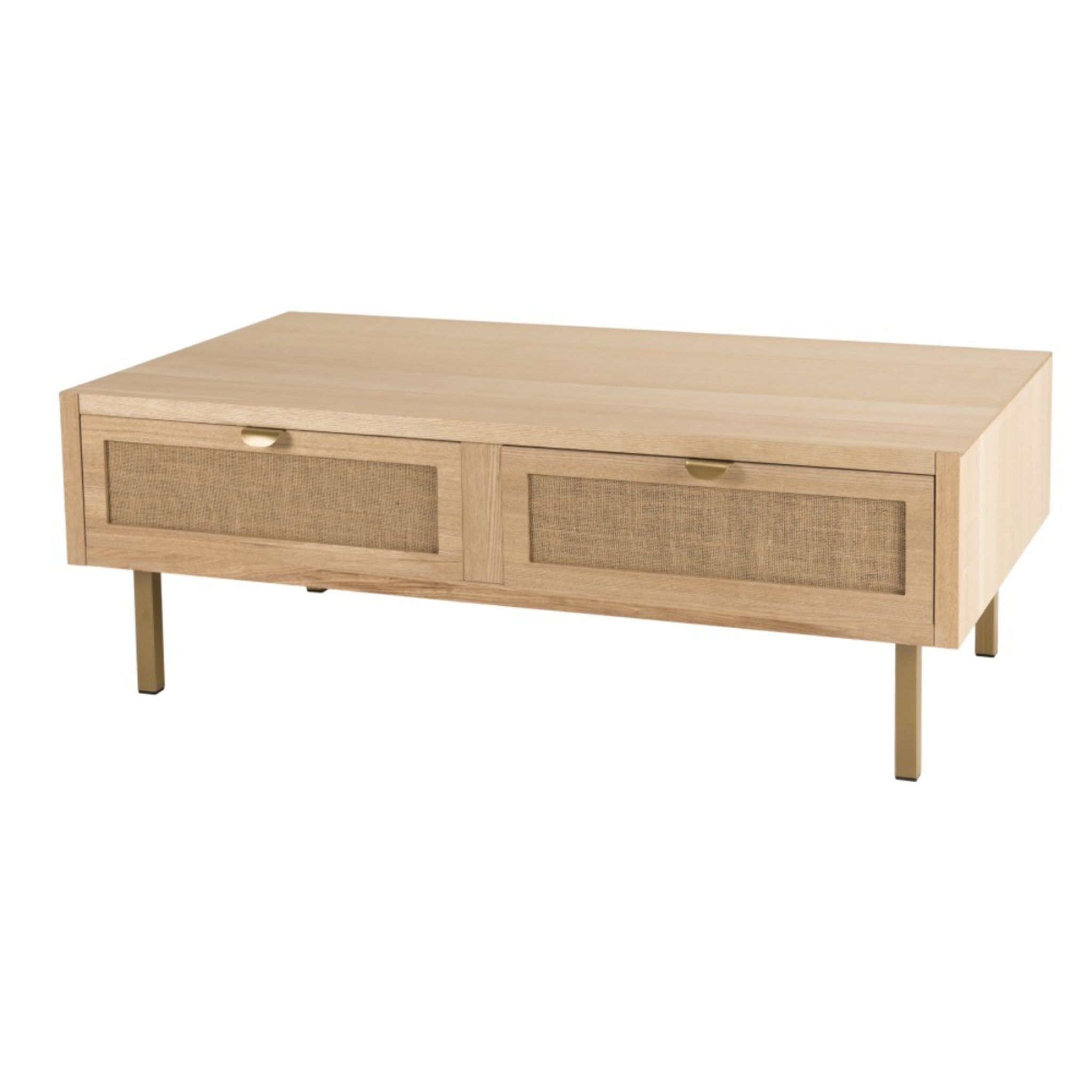 ALINE- Table basse 2 tiroirs toile de jute pieds métal doré