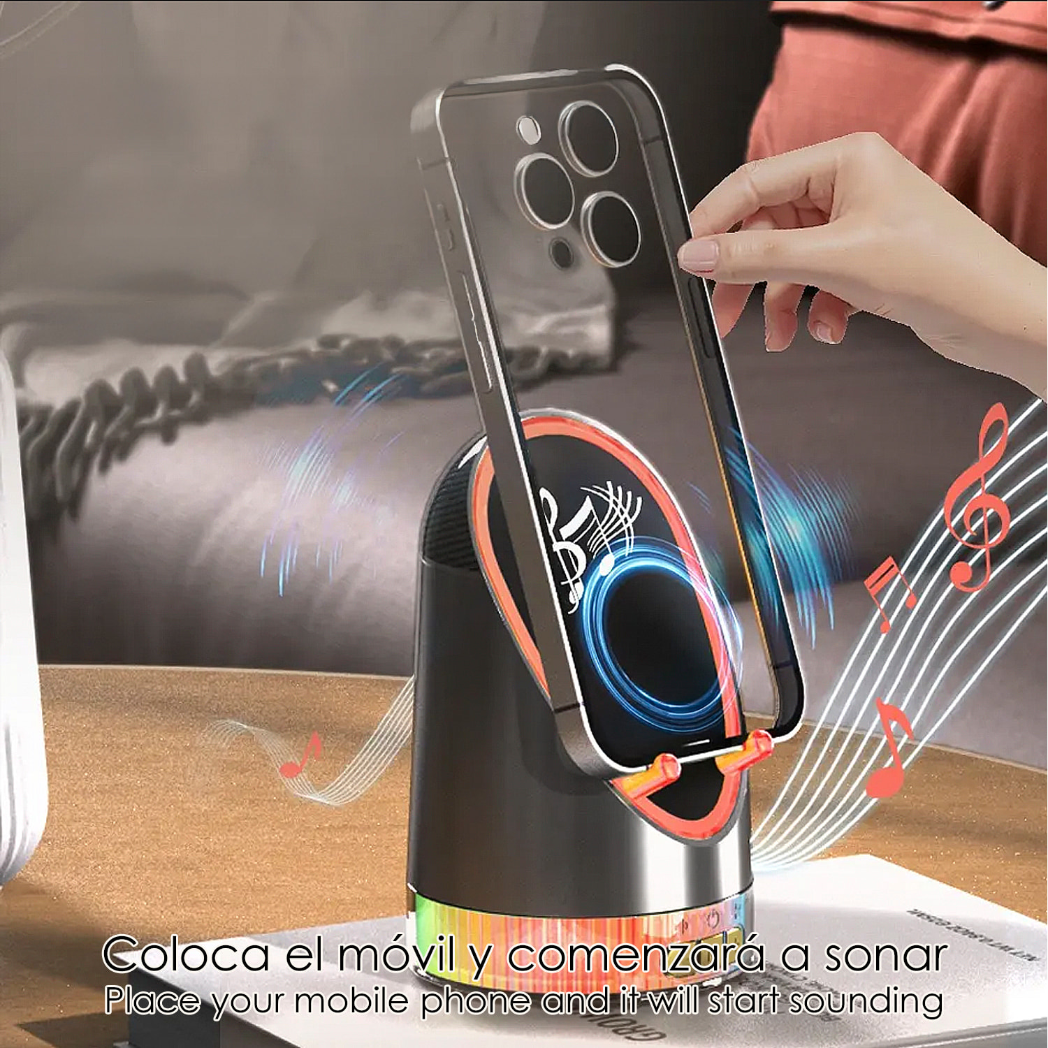 Altoparlante H48 con tecnologia di induzione intelligente che amplifica il suono posizionando il mobile sopra. Con Bluetooth e luci LED multicolori.