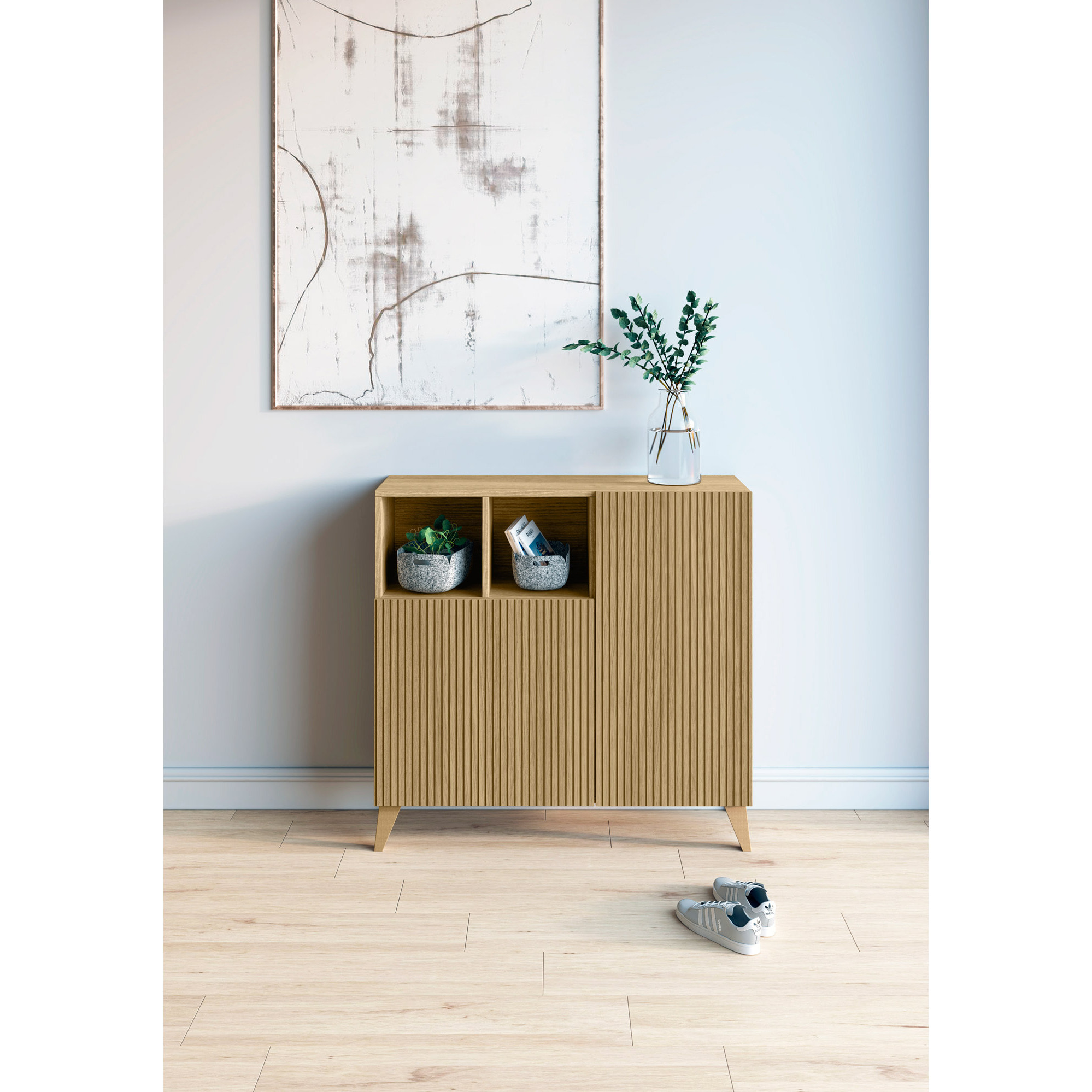 Zapatero Moss melamina roble dorado puertas impresión vallado 87x90x27 cm