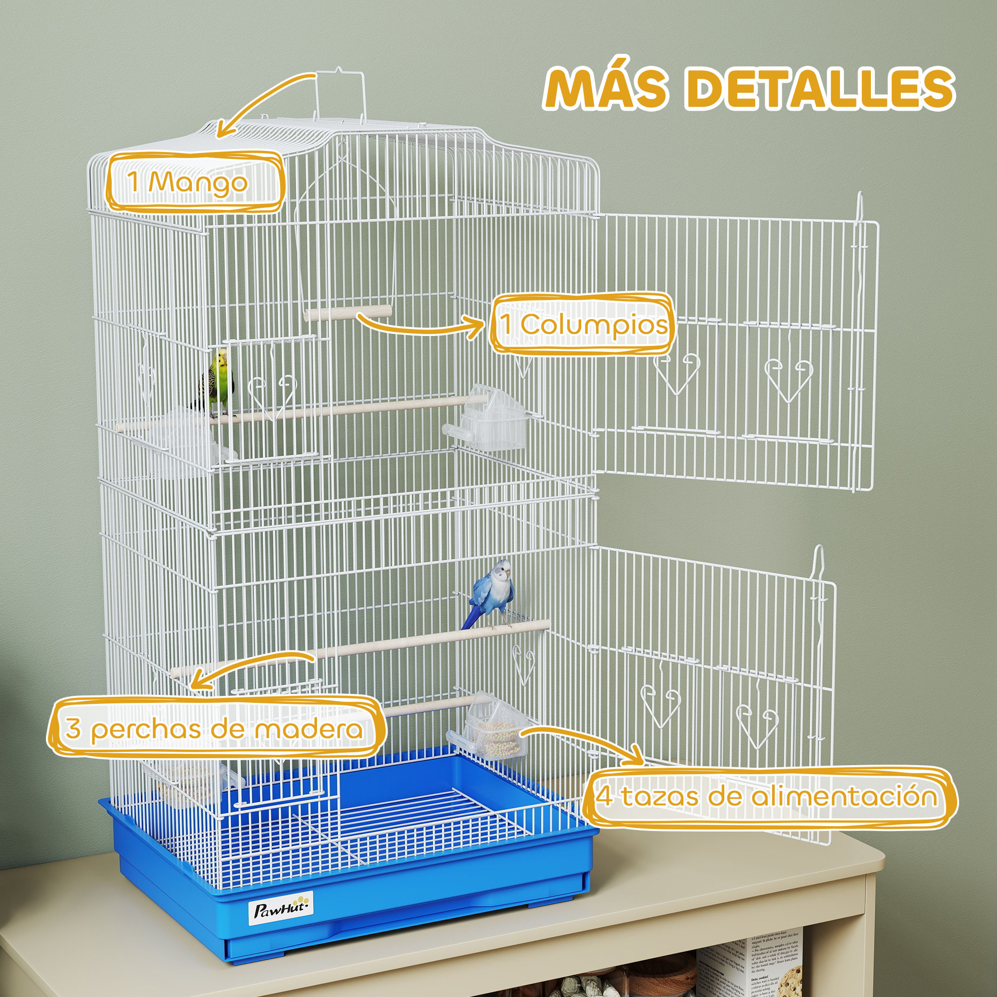 Jaula para Pájaros, Jaula de Metal para Pájaros con Puertas, 4 Comederos, 3 Perchas, Columpio, Bandeja Extraíble y Asa de Transporte, para Loro, Canario, Periquito, 46,5x35,5x92 cm, Azul