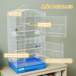 Jaula para Pájaros, Jaula de Metal para Pájaros con Puertas, 4 Comederos, 3 Perchas, Columpio, Bandeja Extraíble y Asa de Transporte, para Loro, Canario, Periquito, 46,5x35,5x92 cm, Azul