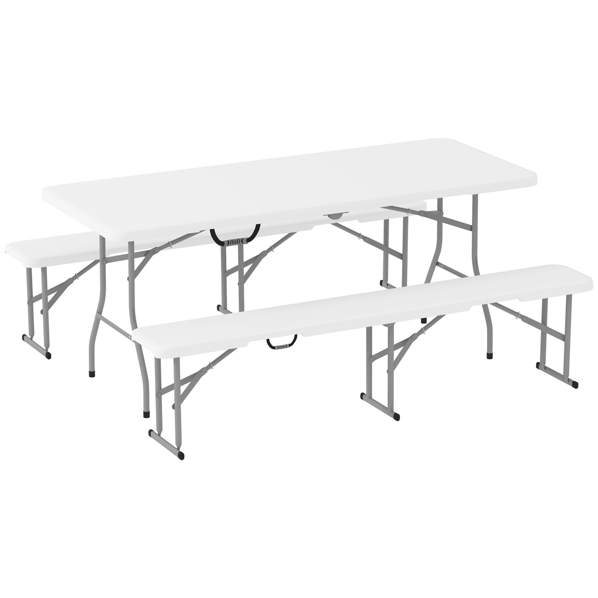 Ensemble table 2 bancs pliables avec poignées - usage pique-nique camping - métal époxy HDPE blanc