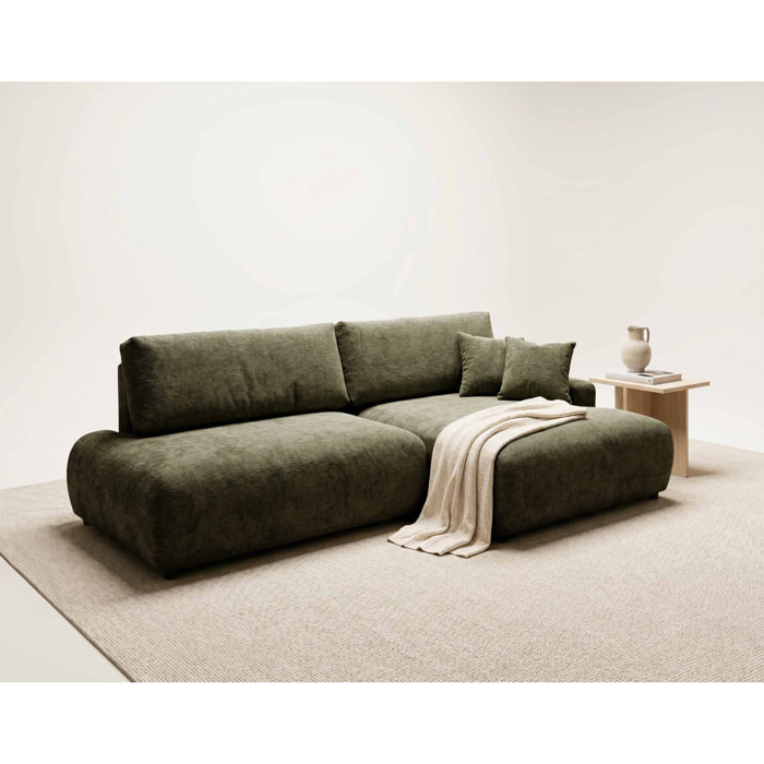 Pivoine - Canapé d'angle ouvert droit 4 places convertible avec coffre en tissu texturé - Vert Kaki