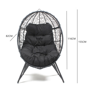Fauteuil œuf sur pied en résine noir effet rotin JIMMY