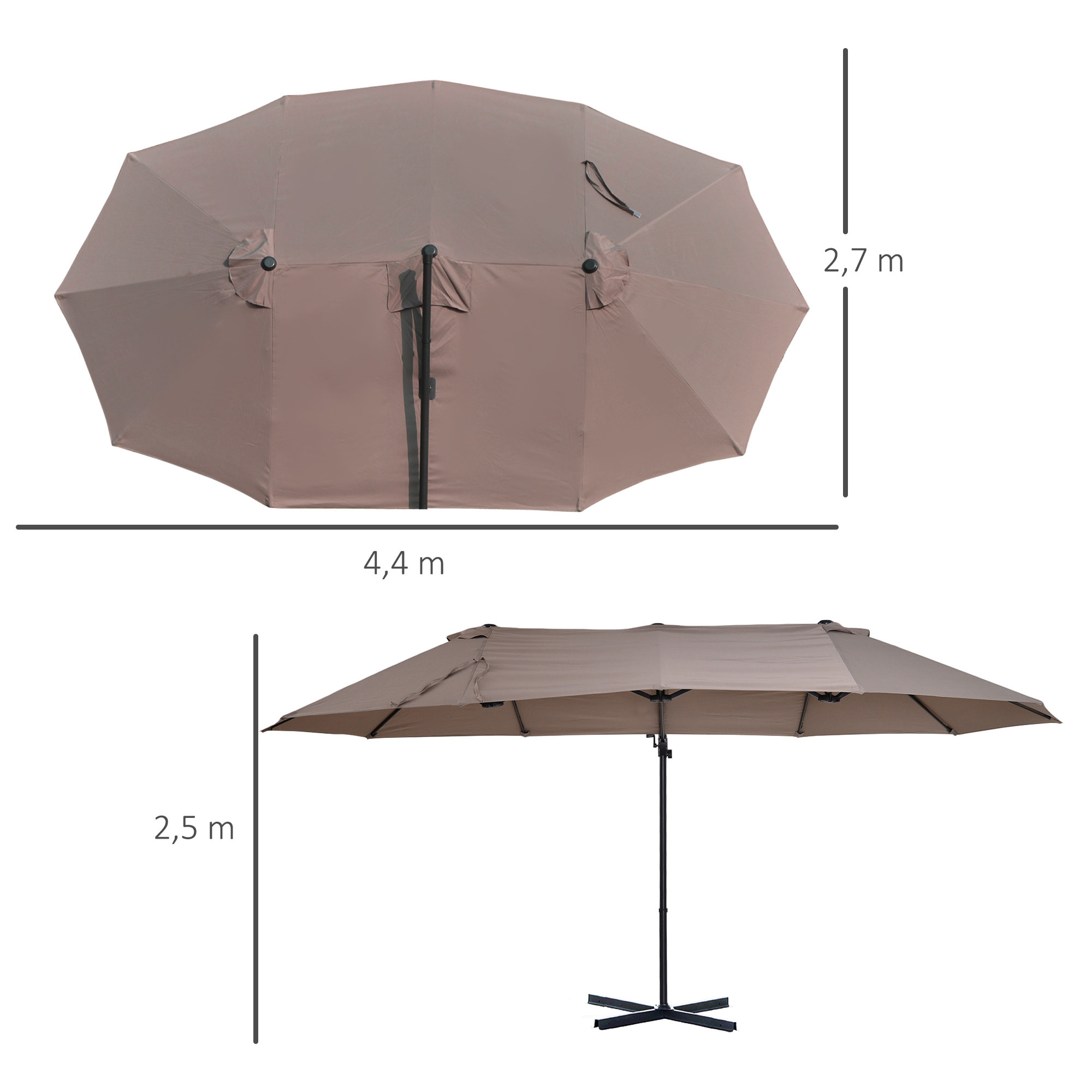 Parasol déporté grande taille XXL inclinable dim. 4,4L x 2,7l x 2,5H m piètement en acier inclus polyester marron