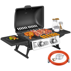 Barbacoa de Gas con 2 Quemadores de Acero Inoxidable 2,8 KW Barbacoa Portátil con Mesas Laterales Plegables Bandeja Extraíble y Termómetro para Pícnic Camping 101x48x41 cm Negro