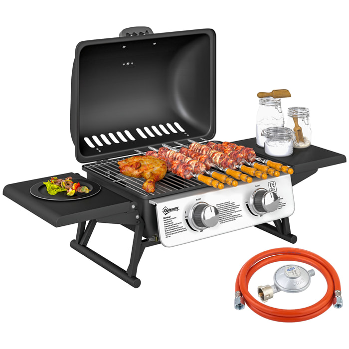Barbacoa de Gas con 2 Quemadores de Acero Inoxidable 2,8 KW Barbacoa Portátil con Mesas Laterales Plegables Bandeja Extraíble y Termómetro para Pícnic Camping 101x48x41 cm Negro