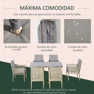 Conjunto de Muebles de Comedor para Jardín 7 Piezas 1 Mesa de Vidrio y 6 Sillas de Ratán con Respaldo Transpirable y Cojines Acolchados para Terraza Exterior Gris y Natural