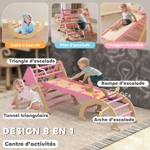 Triangle d'escalade enfant pliable 8 en 1 - aire de jeu enfant - bois rose
