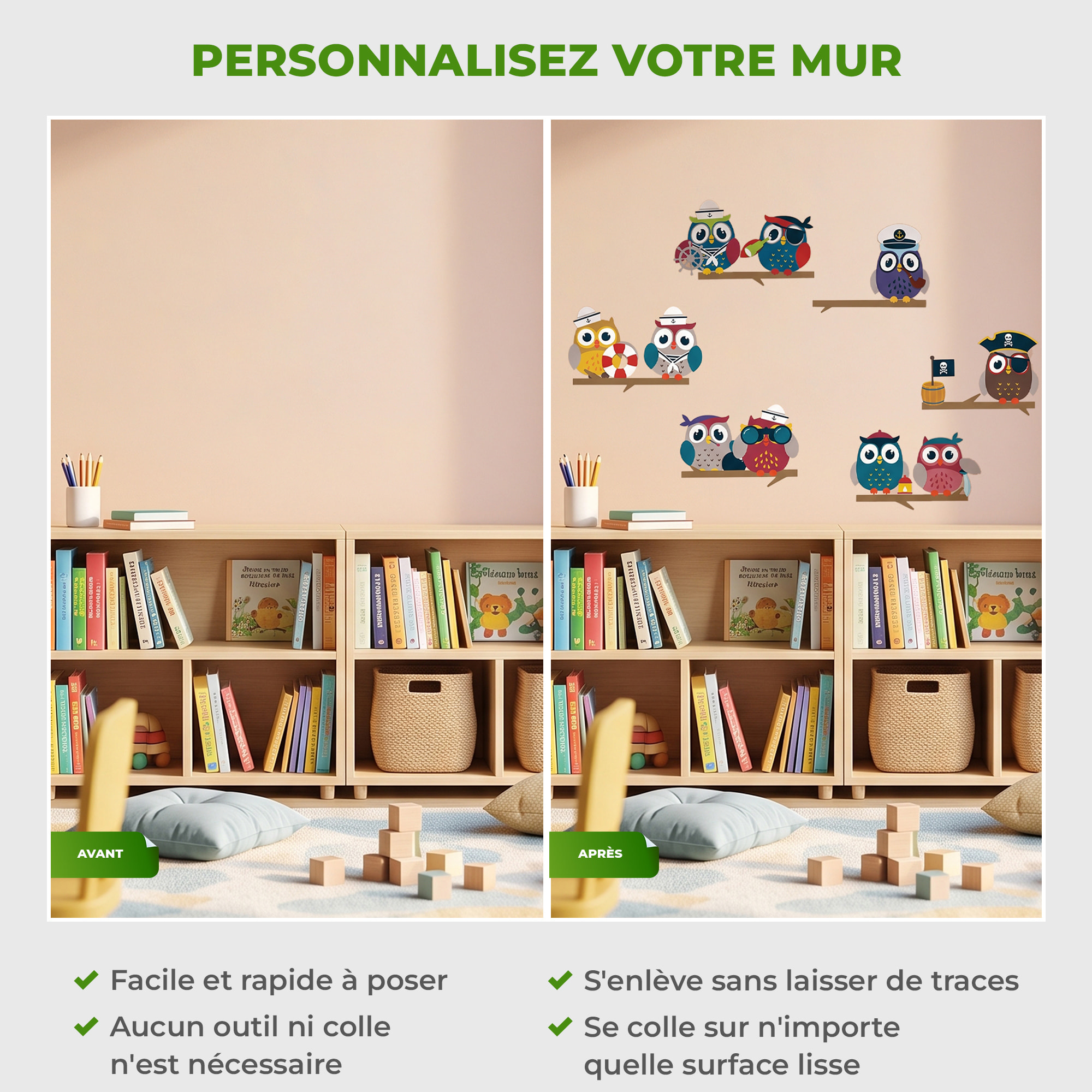 Stickers Muraux décoration adhésifs hiboux pirates sur branches