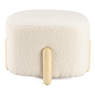 LEOPOLD - Pouf en tissu bouclette écru et pieds bois