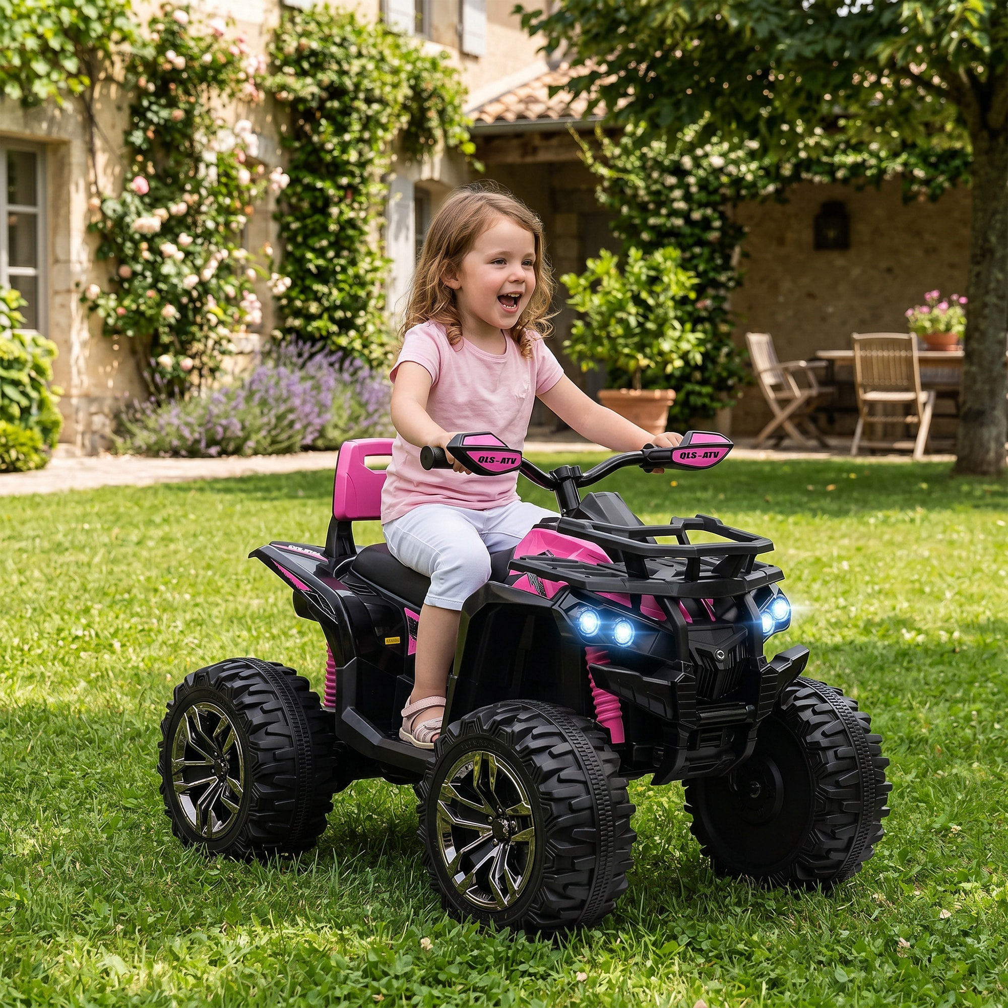 HOMCOM Quad Eléctrico para Niños 12V 10AH, Quad para Niños de 3–5 Años con 2 Motores, Suspensión, Arranque Suave, 3-8 km/h, Música, Faros LED, MP3, USB, Tarjeta TF, Pedal, Avance y Retroceso, Rosa