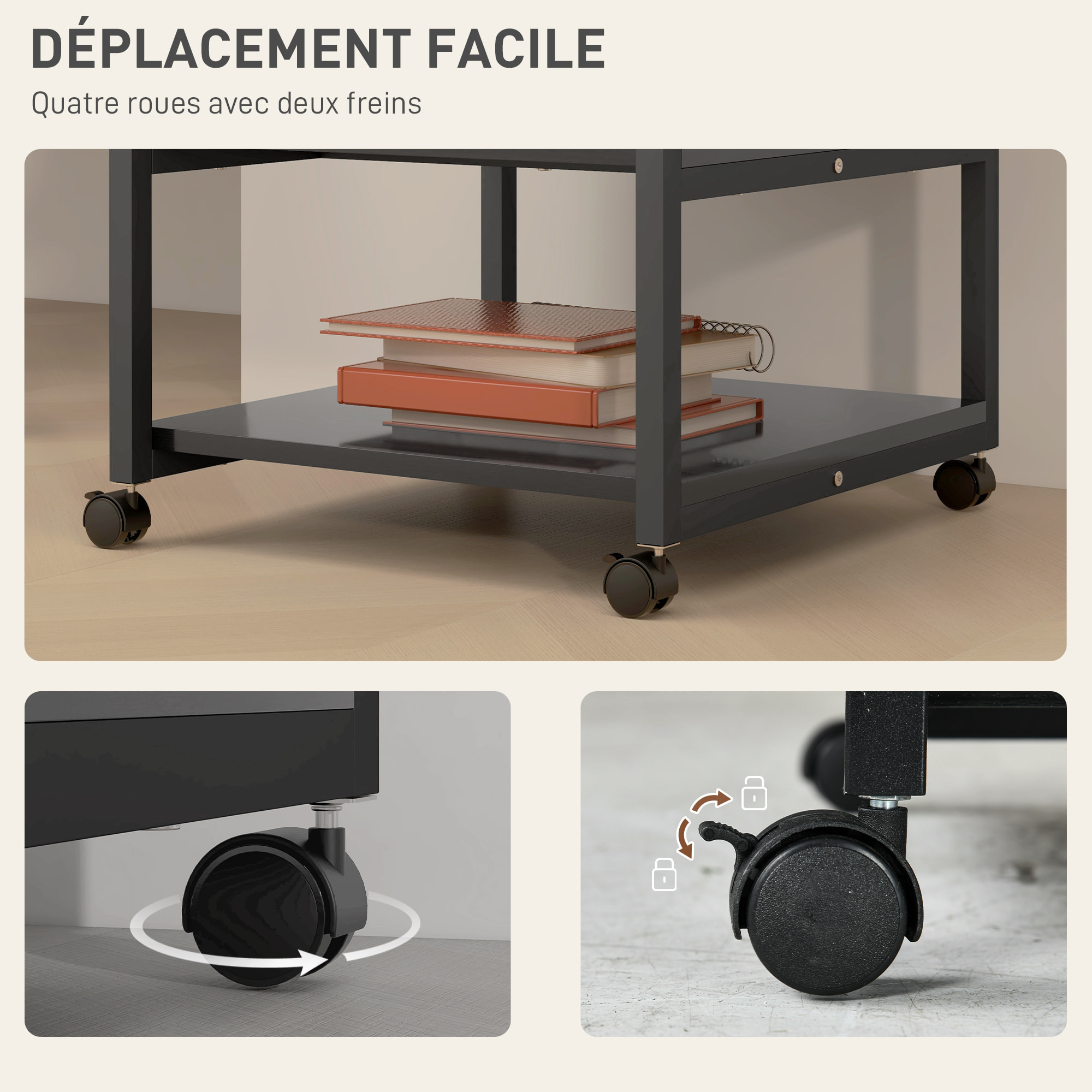 Support d'imprimante desserte de rangement 3 niveaux plateau 2 étagères acier panneaux noir