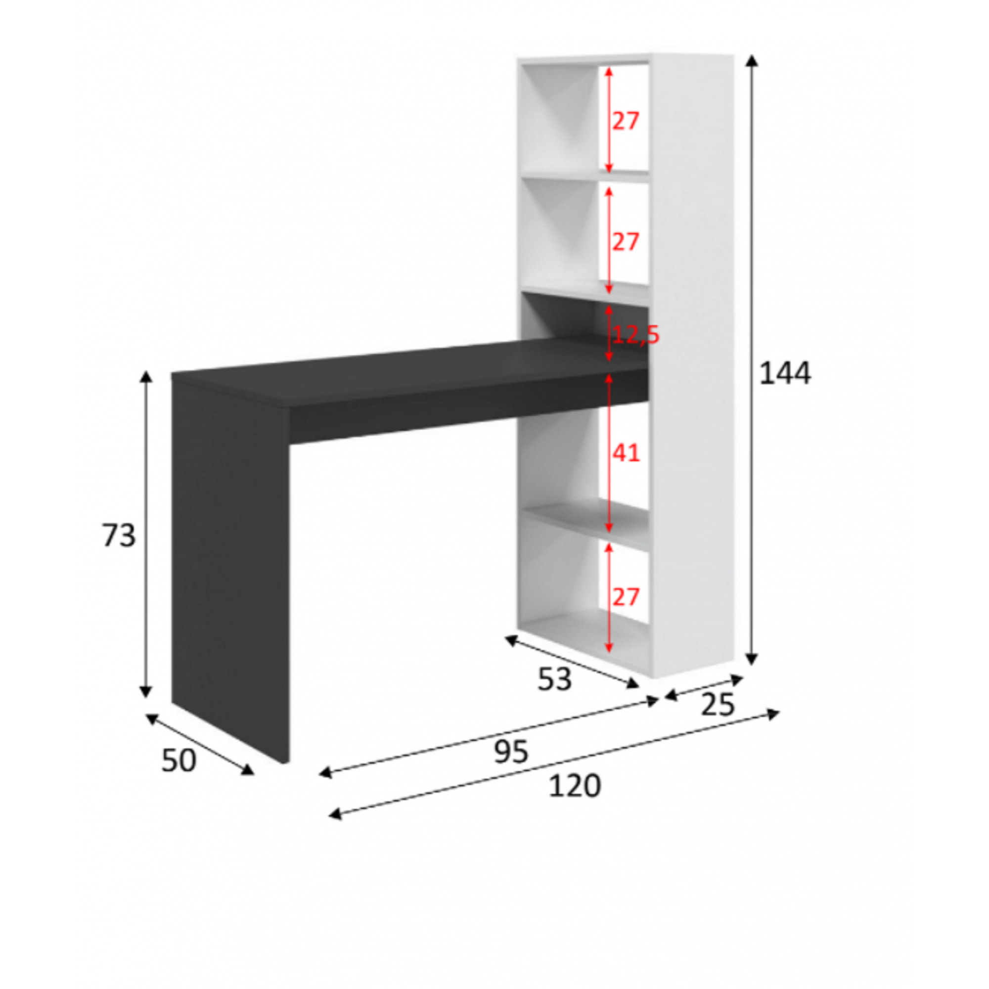 Scrivania Denton, Scrittoio multifunzione reversibile con libreria a 5 ripiani, Tavolo da studio o ufficio porta PC portalibri, cm 120x53h144, Bianco e Antracite