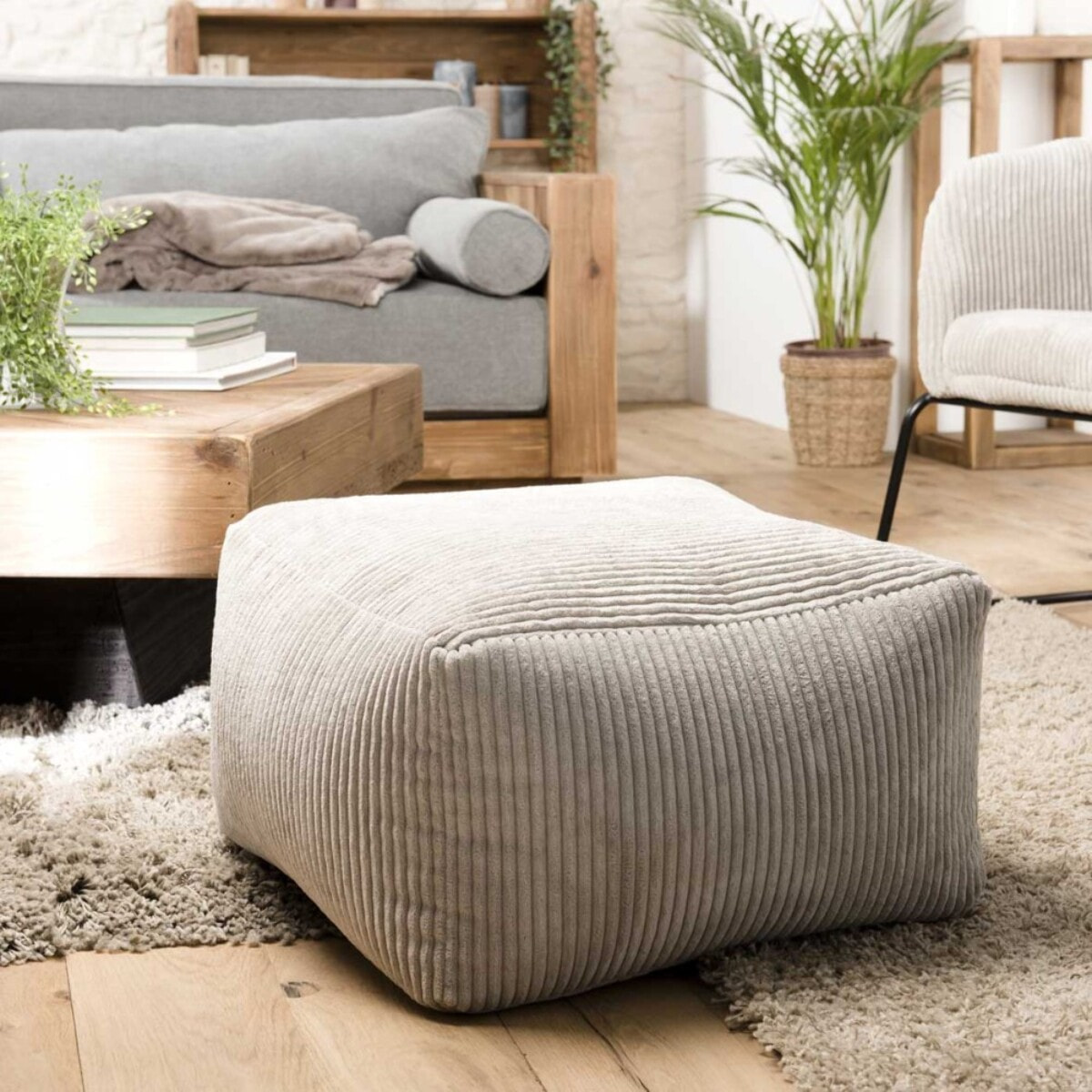 AGATHE - Pouf carré 57x57cm tissu velours côtelé gris perle