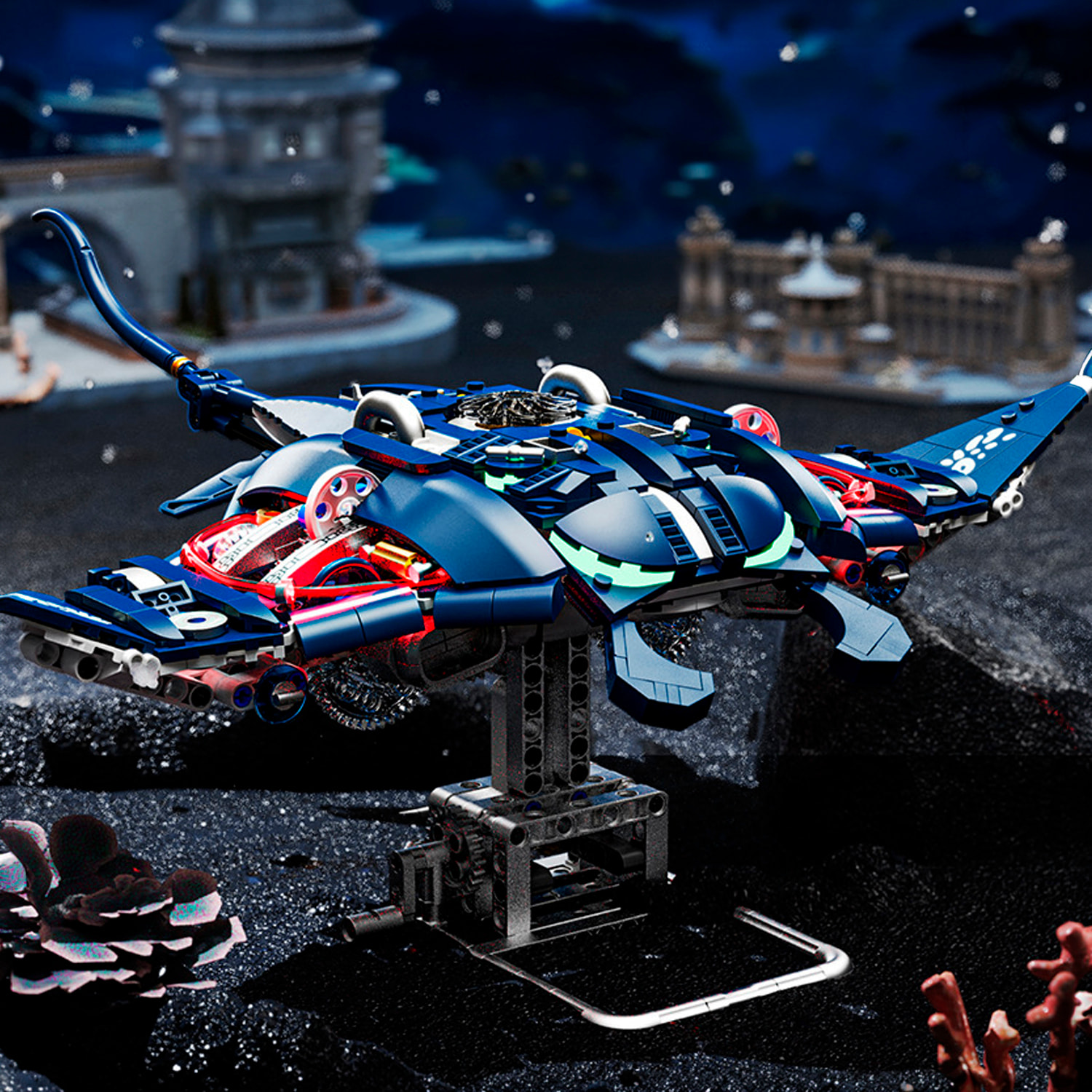 Maqueta 3D mecanizada de manta raya con 966 piezas, equipada con luces y mecanismo de manivela que permite movimiento dinámico.