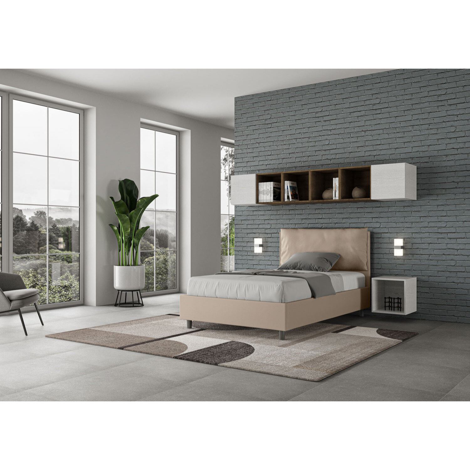 Lit 1 place et demi sans sommier rembourré 120x210 similicuir taupe Antea Large