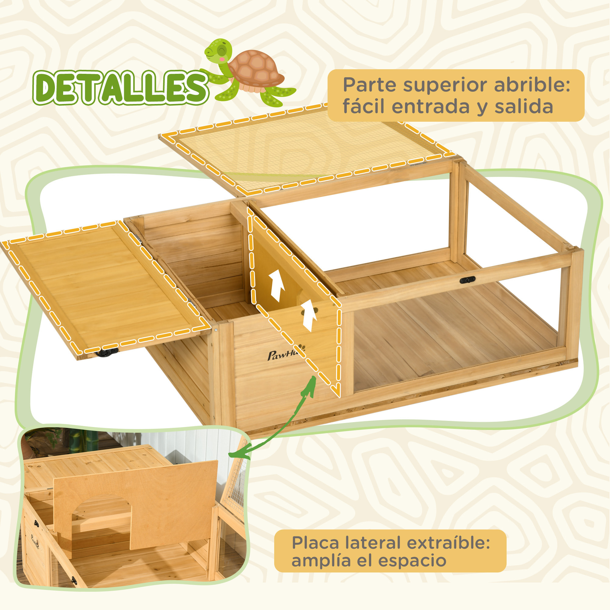 Casa para Tortugas de Madera, Terrario para Reptiles con Techo de Malla, Paneles Laterales Transparentes Extraíbles y Pestillo de Seguridad, Caseta para Tortugas, 91x60,5x32 cm, Natural