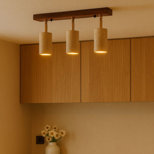 Luminaire design 3 spots orientables en travertin et effet bois TIVOLI