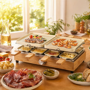 Appareil à raclette 8 personnes en aluminium crème et bambou