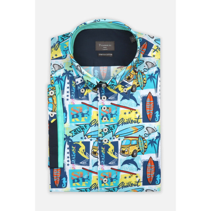Camicia Uomo Manica Corta 2 Bottoni Button Down 7 Botto Popeline Stretch Stampato Bianco e Turchese