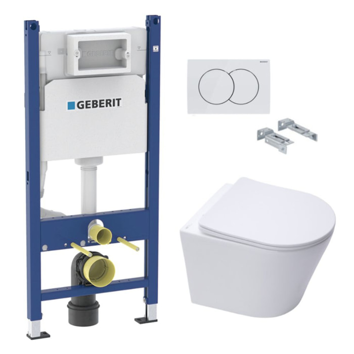 Pack WC sans bride Infinitio, fixations invisibles + Abattant softclose slim + Bâti support Geberit UP100 + Plaque blanche