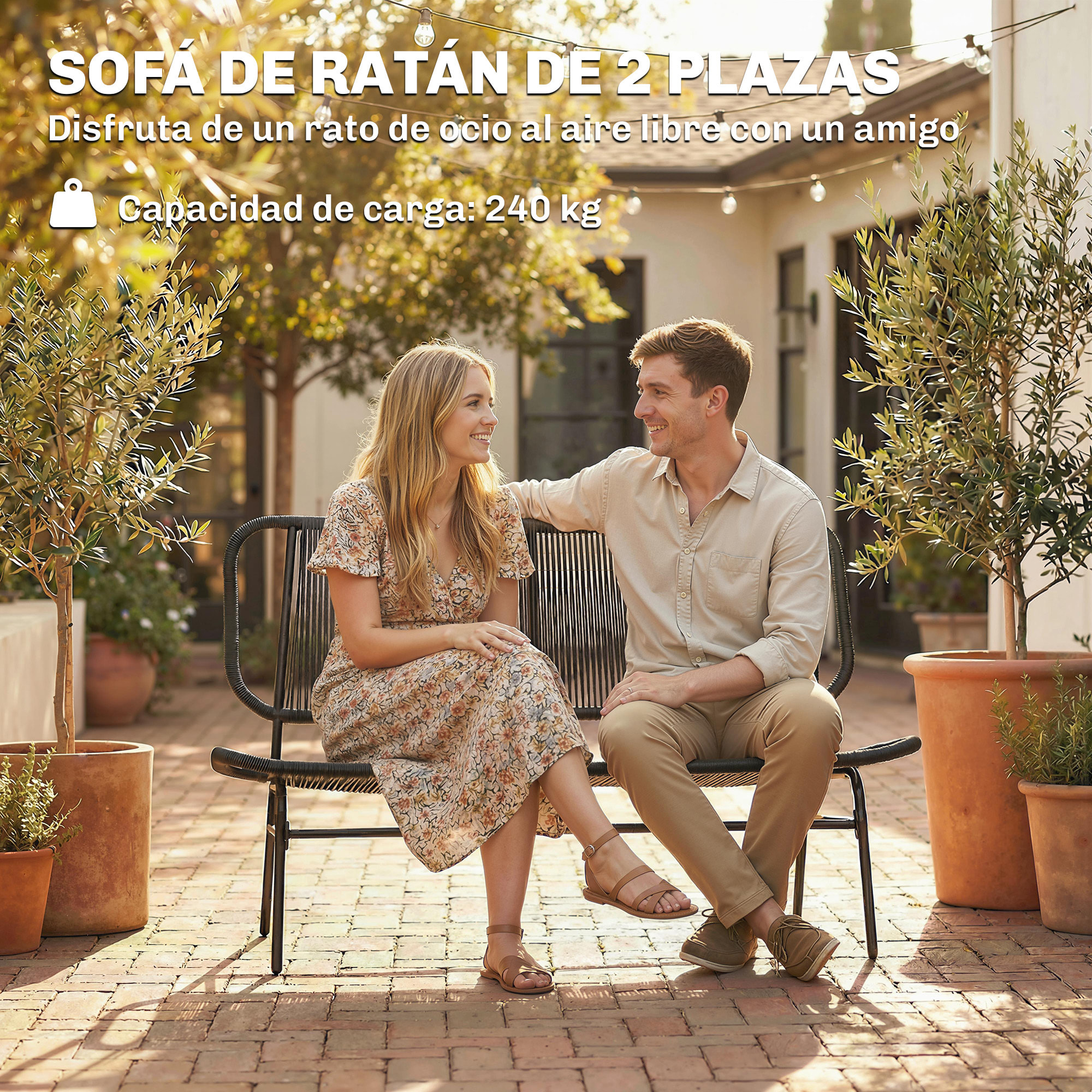 Sofá Exterior de Ratán de 2 Plazas, Sofá de Jardín Exterior con Asiento y Respaldo Tejidos de Ratán PE, Estructura de Acero, Carga 240 kg, para Balcón, Porche, Patio, Negro