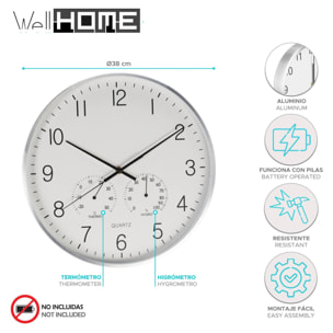 Well home reloj de pared de diseño moderno con termómetro e higrómetro ø38cm