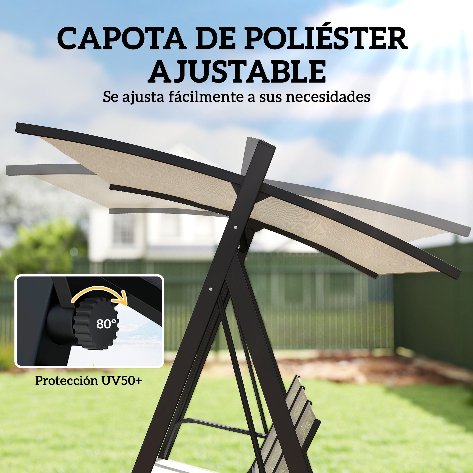 Columpio de Jardín de 3 Plazas, Balancín de Jardín Exterior con Techo Ajustable, UPF50+, Asiento Transpirable y Marco de Metal, para Patio, Terraza, Carga 360 kg, 188x130x183 cm, Blanco Crema