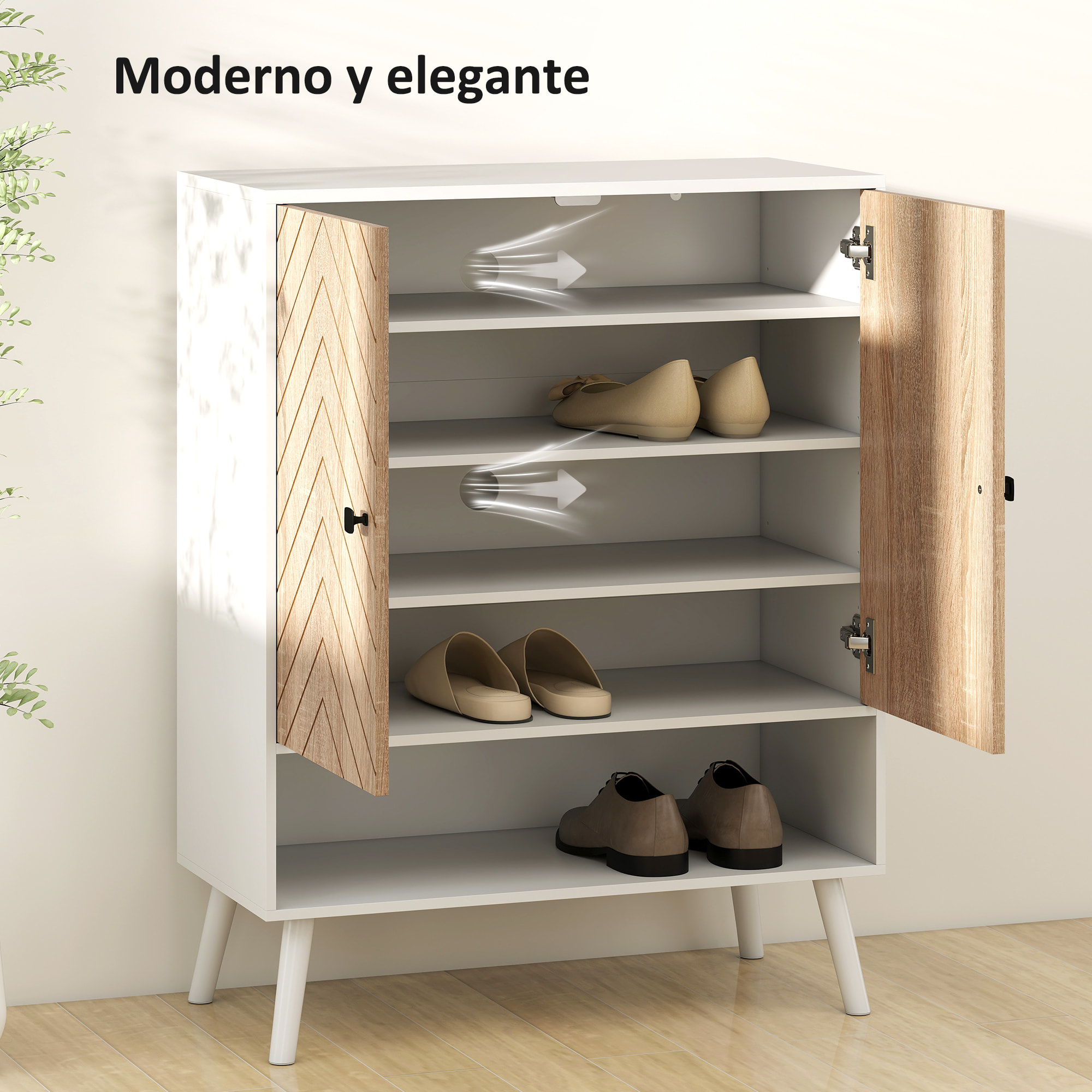 Zapatero de 2 Puertas con Diseño en Espiga, Zapatero Entrada Recibidor con Estantes Ajustables, Compartimento Abierto, para 15 Pares de Zapatos, 75x35x97 cm, Blanco y Natural
