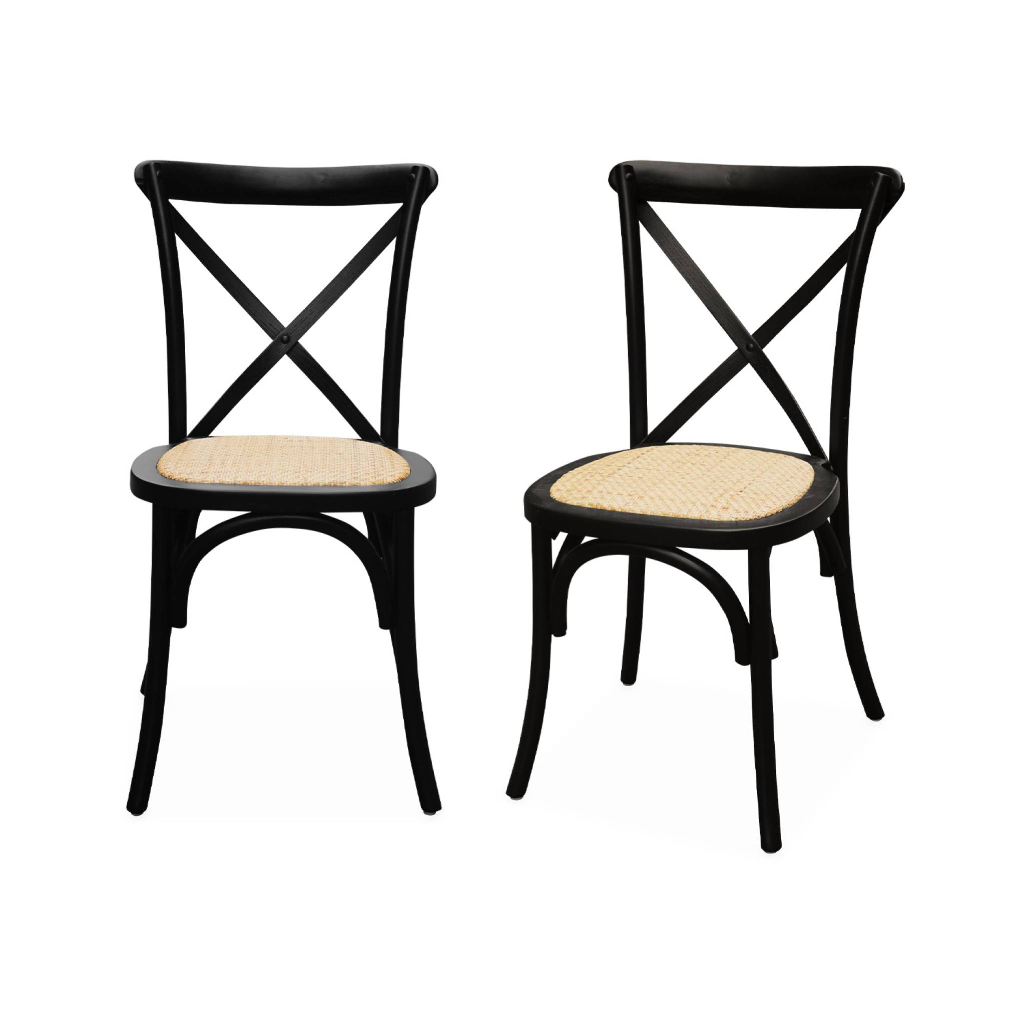 Lot de 2 chaises de bistrot en bois d'hévéa noir. vintage. assise en rotin. empilables