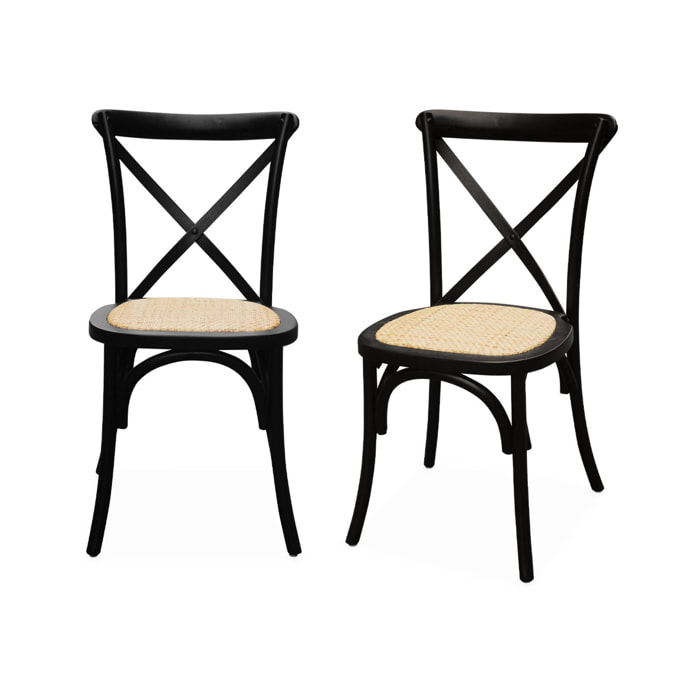Lot de 2 chaises de bistrot en bois d'hévéa noir. vintage. assise en rotin. empilables